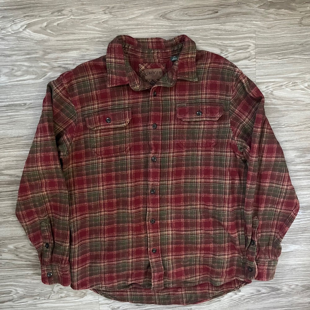 Orvis Mens Red Olive Green Plaid Flannel Button Down Shirt Large Heavy Cotton